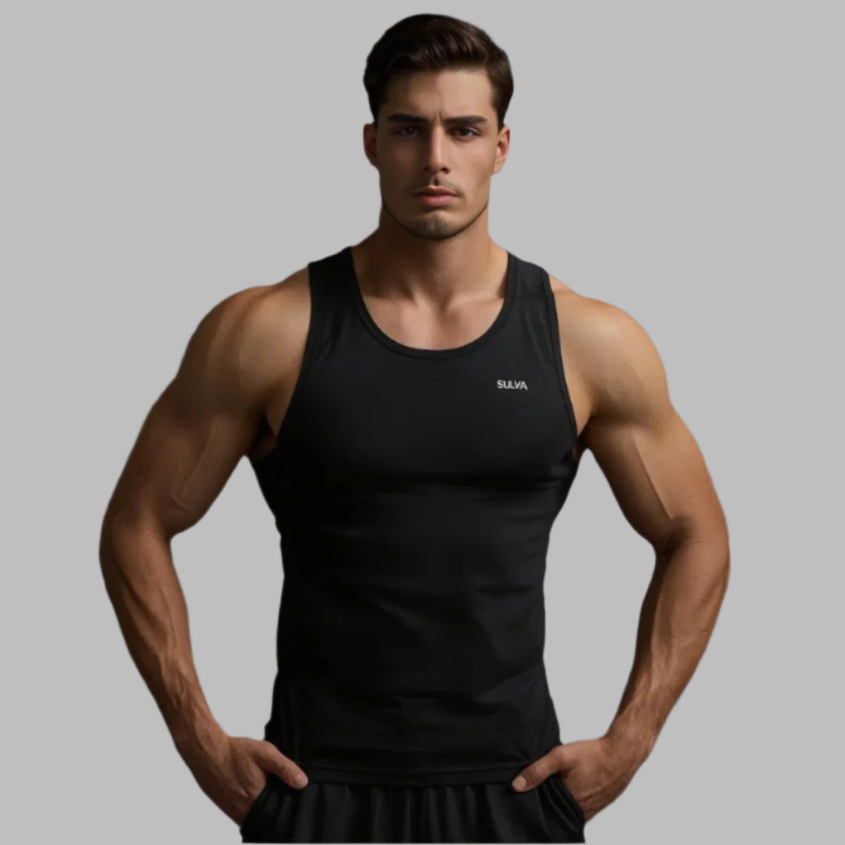 Muscular man wearing a black tank top with 'SUVA' branding against a dark background